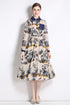 Vintage French Style Collared Beige & Navy Tropical Print Dress